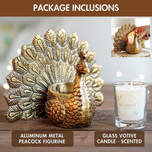 Metal Gold Dancing Peacock for Home Décor | Valentine’s Day, Birthday, Wedding Anniversary Romantic Gift for Women | Good Luck & Love Showpiece with Scented Glass Votive Candle (Golden,18.5cm)
