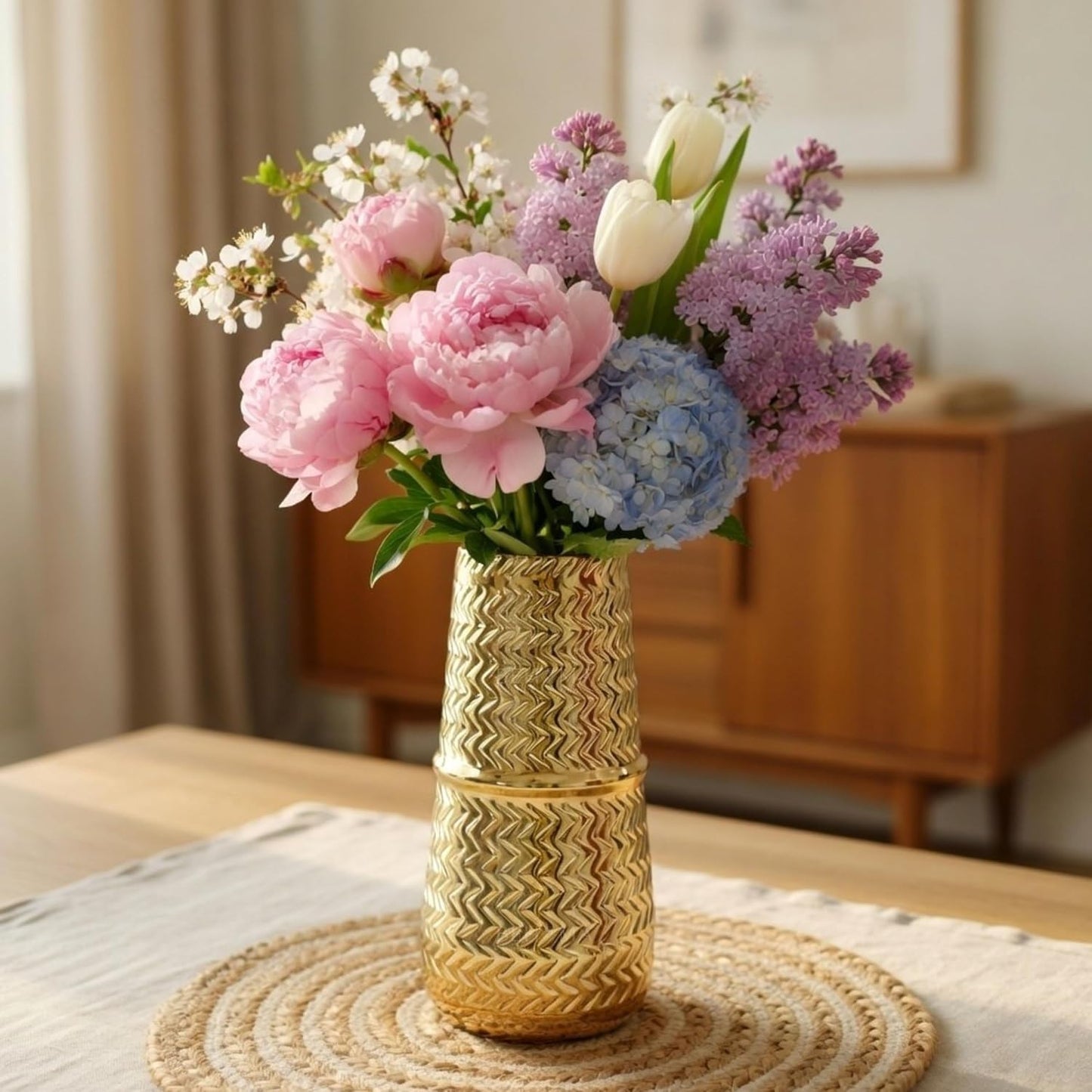 Arrow Engrave Metal Cylindrical Vase for Home Décor | Table Flower Pot for Valentine’s Day, Couple Gift for Wedding Anniversary, Birthday Decoration | 9.2" Golden, 1Pc (Flower not Included)