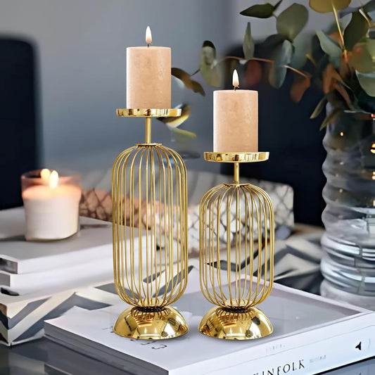 Metal Candle Holder Stand with Gold Finish | Decorative Pillar Candle Stand for Home, Living Room, Table Centerpiece, Modern Vintage Decor (Small & Large/Candles are not Included)