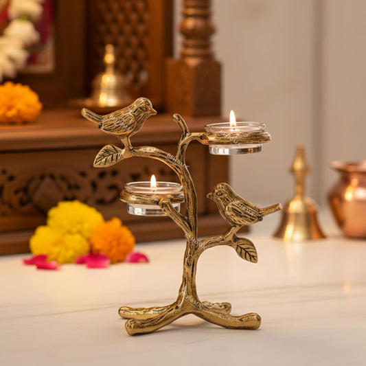Metal Romantic Love Birds Tree Candle Holder | Blessing Birds Tea Light Centerpiece for Home Decor & Living Room | Couple Gift for Valentine’s Day, Wedding, Anniversary & Housewarming – Gold