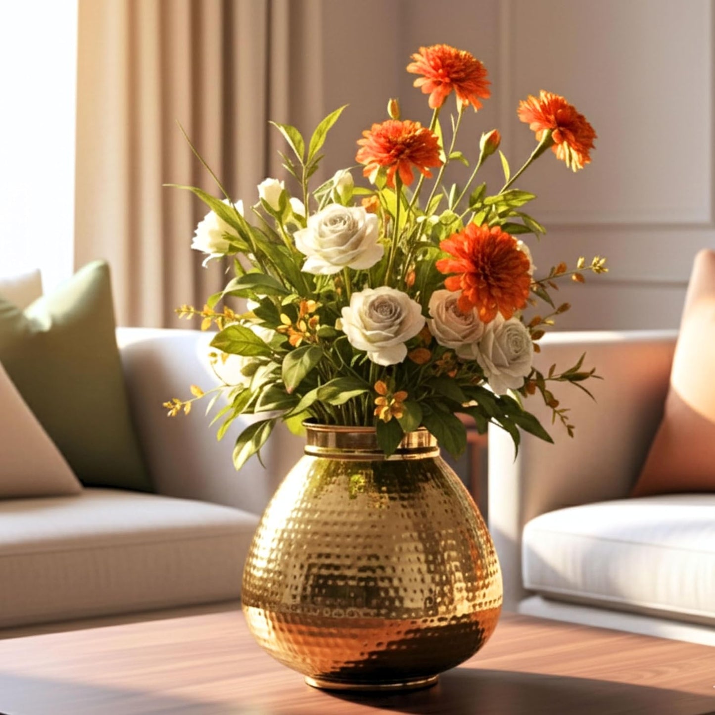 Matki Shape Metal Vase for Home Decor, Hammered Flower Pot for Office Table Decorations, Modern vases, Gift for Diwali Ganpati Onaml