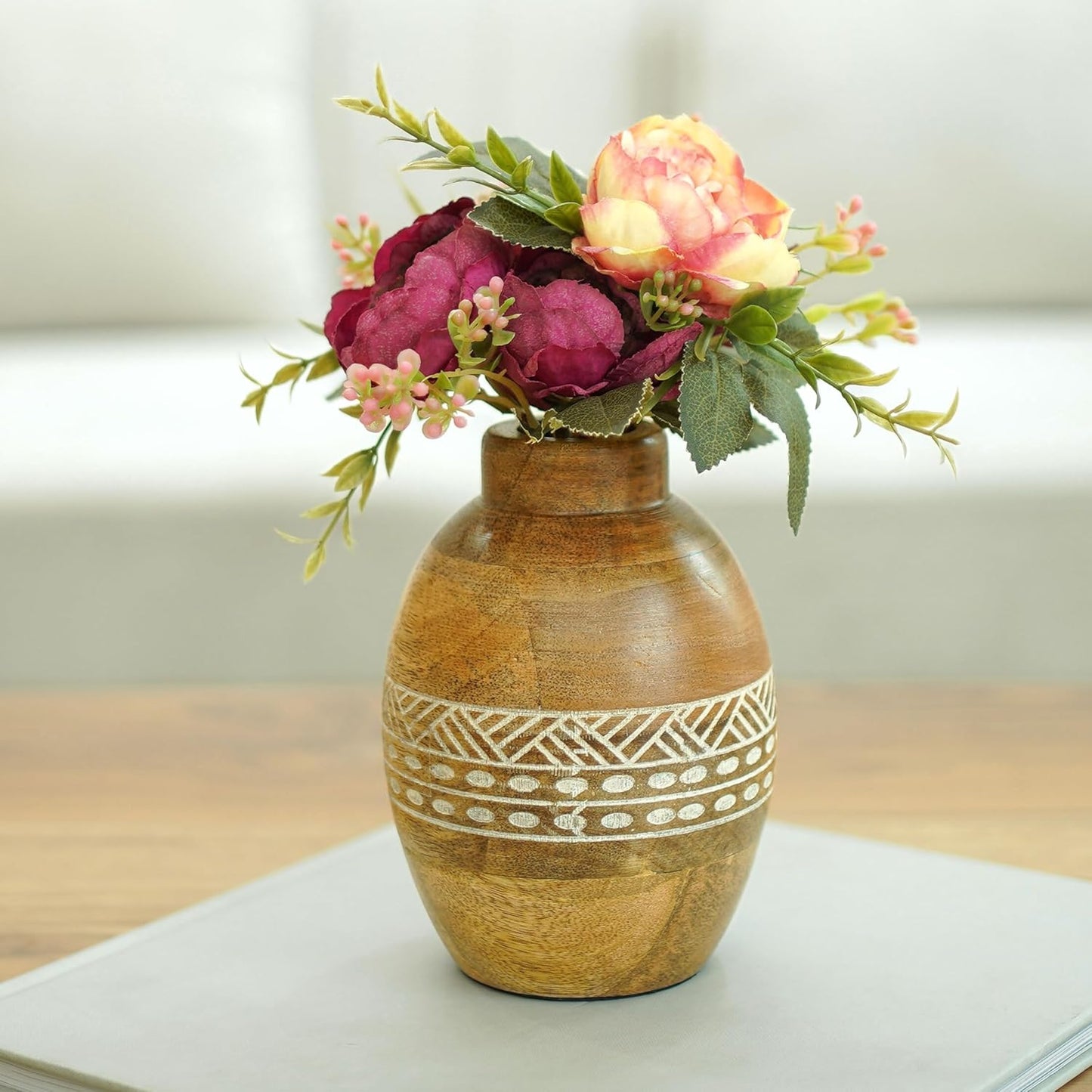 Flower Vase, Mango Wood Flower Vases, Bulb with Etching, for Decor Home Living Room Kitchen Office, Diwali Decoration | Height - 5.9" inch (15 cm)