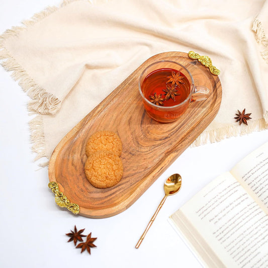 Behoma Mango Wood Oval Serving Platter with Golden Brass Motif | Elegant Wooden Tray for Home Décor | Durga Puja Navratri Festive Serveware for Sweets, Cookies & Dry Fruits | Size-32 cm (12.6 inch)