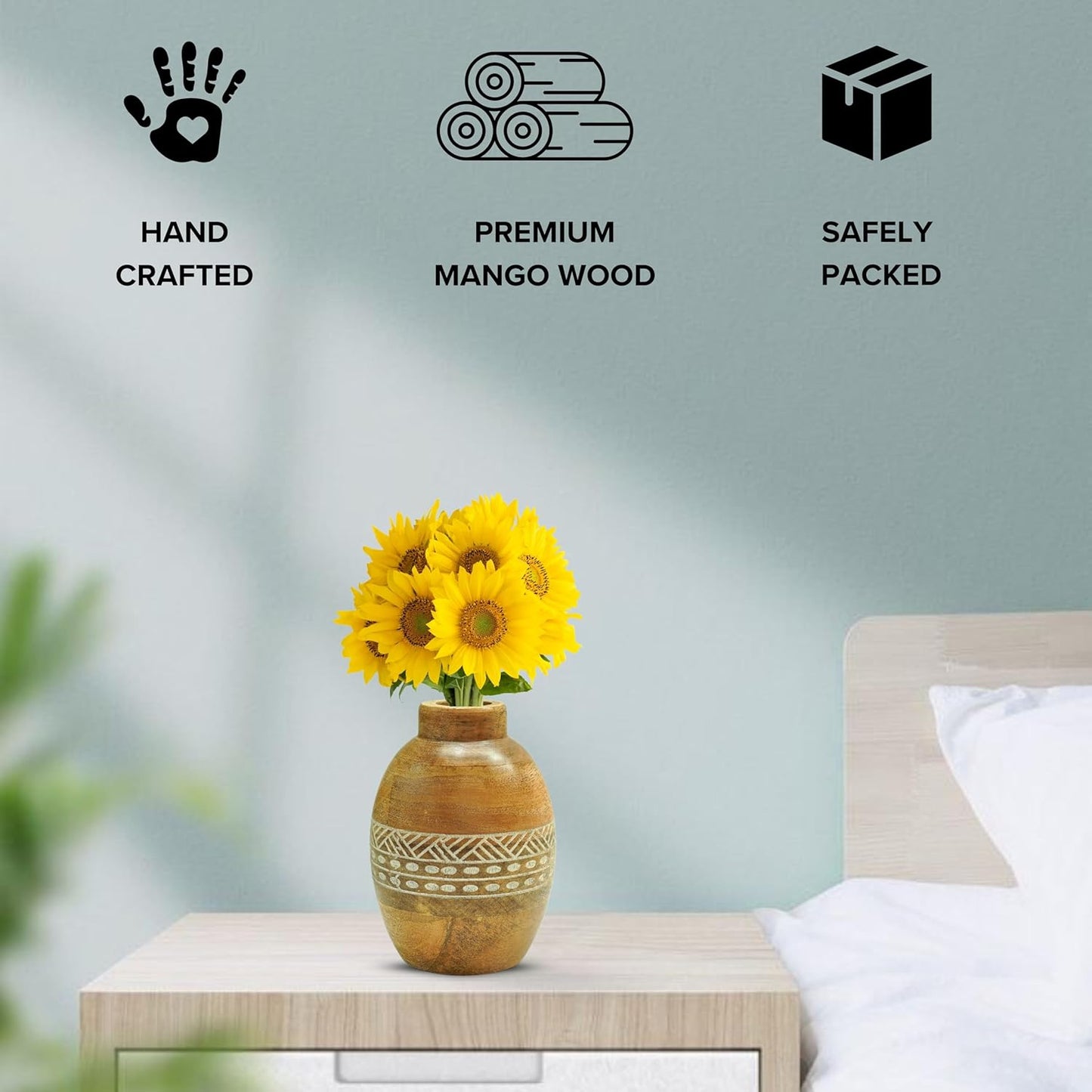 Flower Vase, Mango Wood Flower Vases, Bulb with Etching, for Decor Home Living Room Kitchen Office, Diwali Decoration | Height - 5.9" inch (15 cm)
