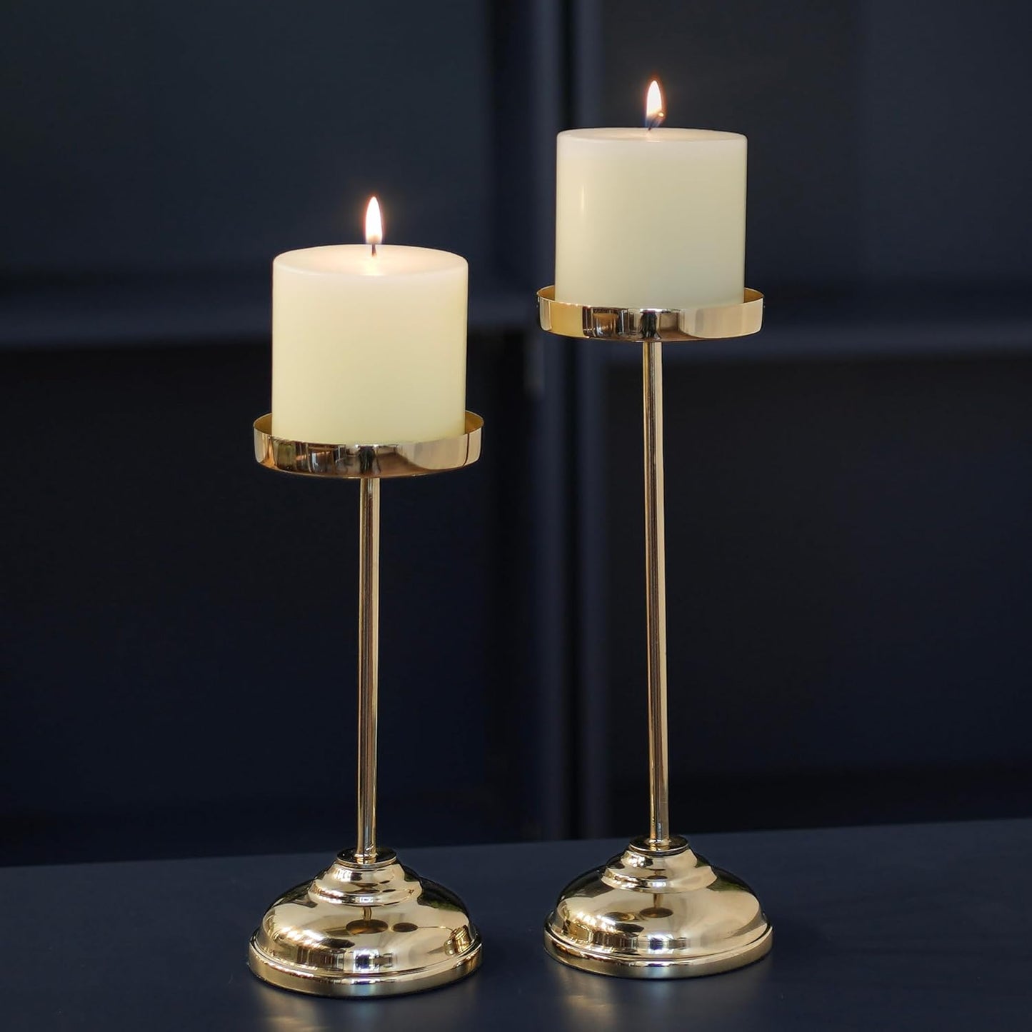 Handcrafted Large Metal Pillar Candle Holders | Table Centerpieces Coffee Tables or Fireplace Mantels | Solid Candles Stand for Christmas, Home Decor, Gift, Valentine's Day | Gold, Set of 2