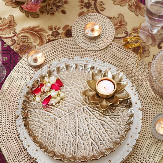 Metal Lotus Tray with Tea-Light Holder for Home Decor | Round Pooja Thali for Temple | Golden Decorative Tika Tilak Thali for Wedding, Haldi & Mehndi Ceremony | Elegant Gift 1 pc, Dia: 25.5 cm
