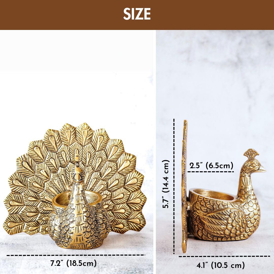 Metal Gold Dancing Peacock for Home Décor | Valentine’s Day, Birthday, Wedding Anniversary Romantic Gift for Women | Good Luck & Love Showpiece with Scented Glass Votive Candle (Golden,18.5cm)