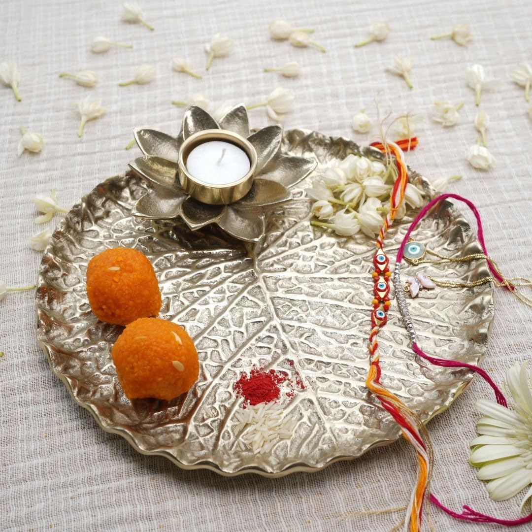 Metal Lotus Tray with Tea-Light Holder for Home Decor | Round Pooja Thali for Temple | Golden Decorative Tika Tilak Thali for Wedding, Haldi & Mehndi Ceremony | Elegant Gift 1 pc, Dia: 25.5 cm