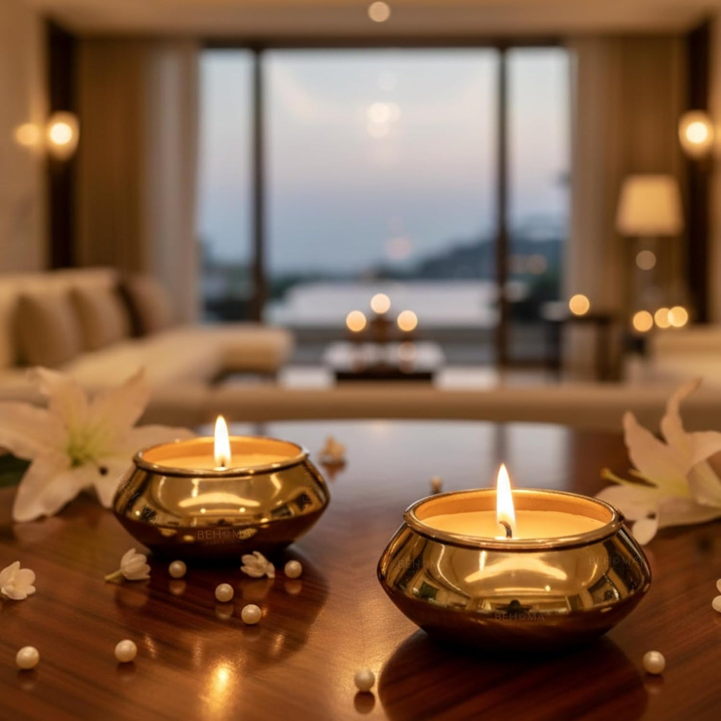 Pebble Pot Metal Scented Candle Set | Gold Decorative Romantic Jar Candles Bowls for Home Décor | Luxury Festive Gifting Living Room Table Décor | Christmas Valentine Gifts (Set of 2)