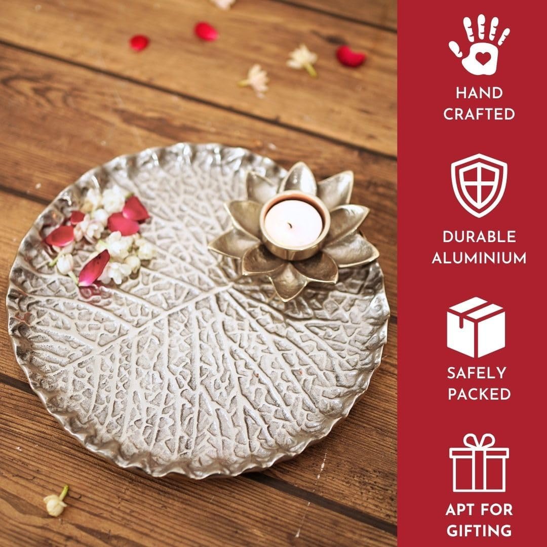 Metal Lotus Tray with Tea-Light Holder for Home Decor | Round Pooja Thali for Temple | Golden Decorative Tika Tilak Thali for Wedding, Haldi & Mehndi Ceremony | Elegant Gift 1 pc, Dia: 25.5 cm