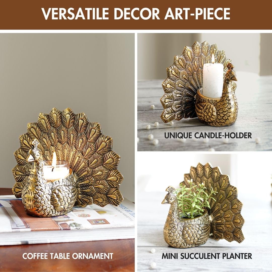 Metal Gold Dancing Peacock for Home Décor | Valentine’s Day, Birthday, Wedding Anniversary Romantic Gift for Women | Good Luck & Love Showpiece with Scented Glass Votive Candle (Golden,18.5cm)
