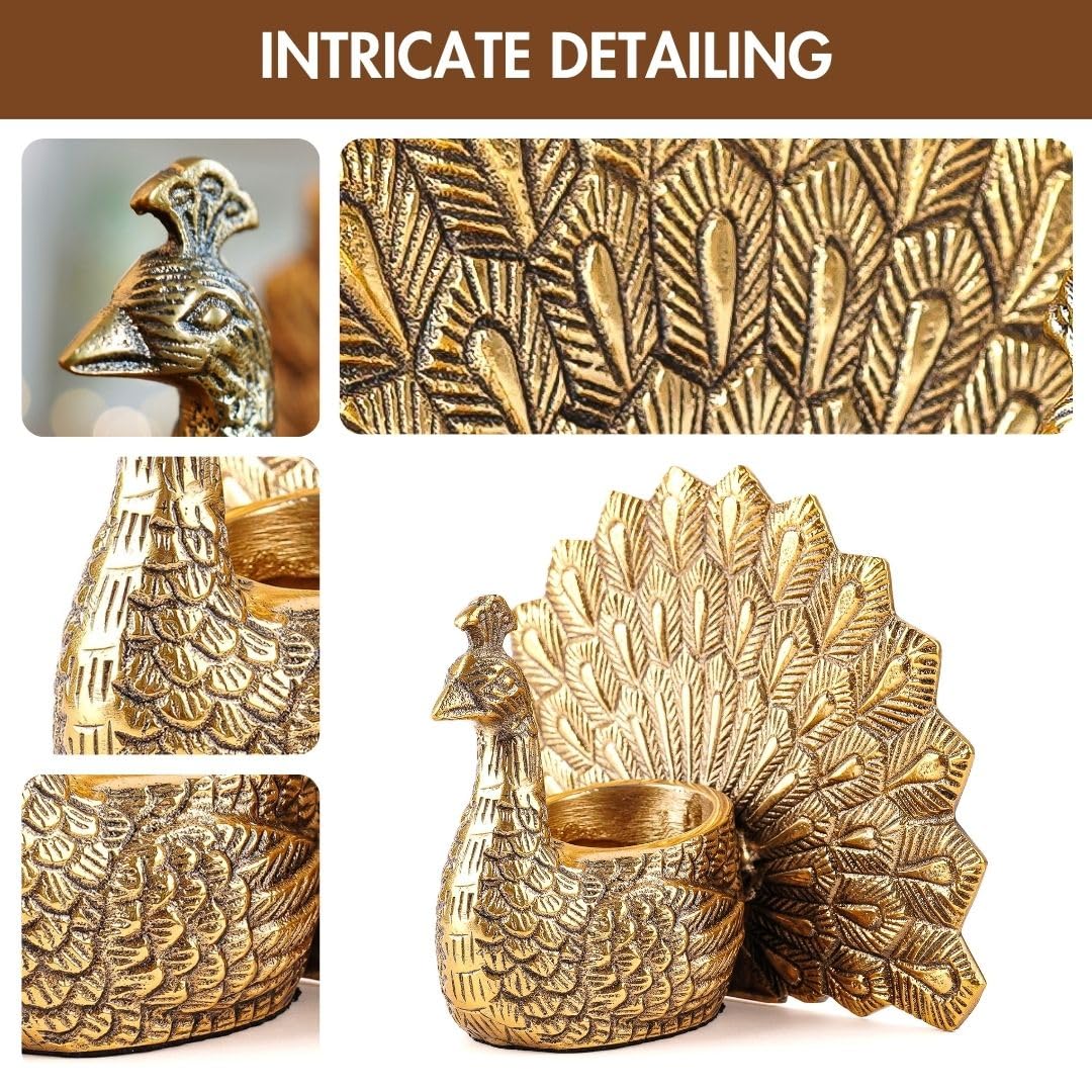 Metal Gold Dancing Peacock for Home Décor | Valentine’s Day, Birthday, Wedding Anniversary Romantic Gift for Women | Good Luck & Love Showpiece with Scented Glass Votive Candle (Golden,18.5cm)