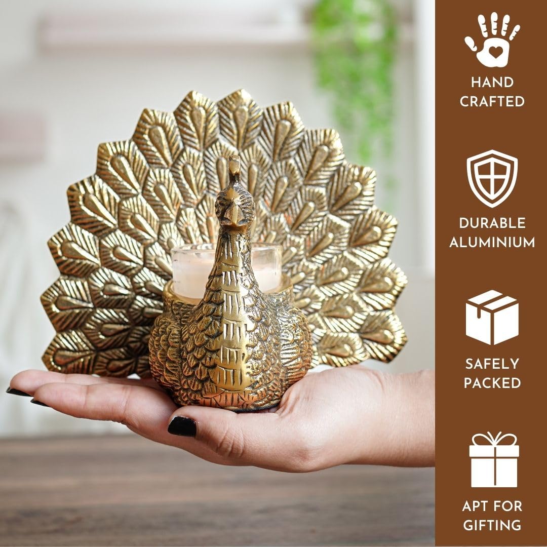 Metal Gold Dancing Peacock for Home Décor | Valentine’s Day, Birthday, Wedding Anniversary Romantic Gift for Women | Good Luck & Love Showpiece with Scented Glass Votive Candle (Golden,18.5cm)
