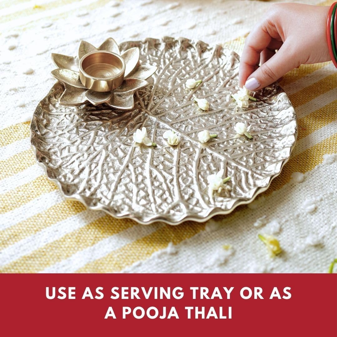 Metal Lotus Tray with Tea-Light Holder for Home Decor | Round Pooja Thali for Temple | Golden Decorative Tika Tilak Thali for Wedding, Haldi & Mehndi Ceremony | Elegant Gift 1 pc, Dia: 25.5 cm