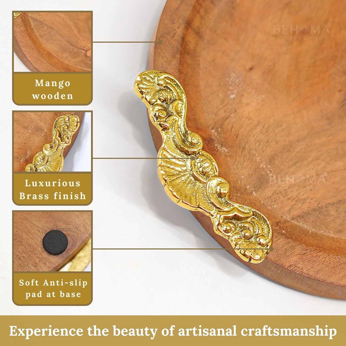 Behoma Mango Wood Oval Serving Platter with Golden Brass Motif | Elegant Wooden Tray for Home Décor | Durga Puja Navratri Festive Serveware for Sweets, Cookies & Dry Fruits | Size-32 cm (12.6 inch)