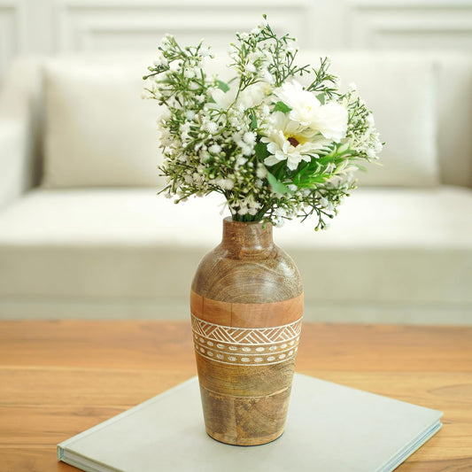 Mango Wood Flower Vases, Bud with Etching, for Decor Home Living Room Kitchen Office, Diwali Decoration | Height - 7.8" inch (20 cm)
