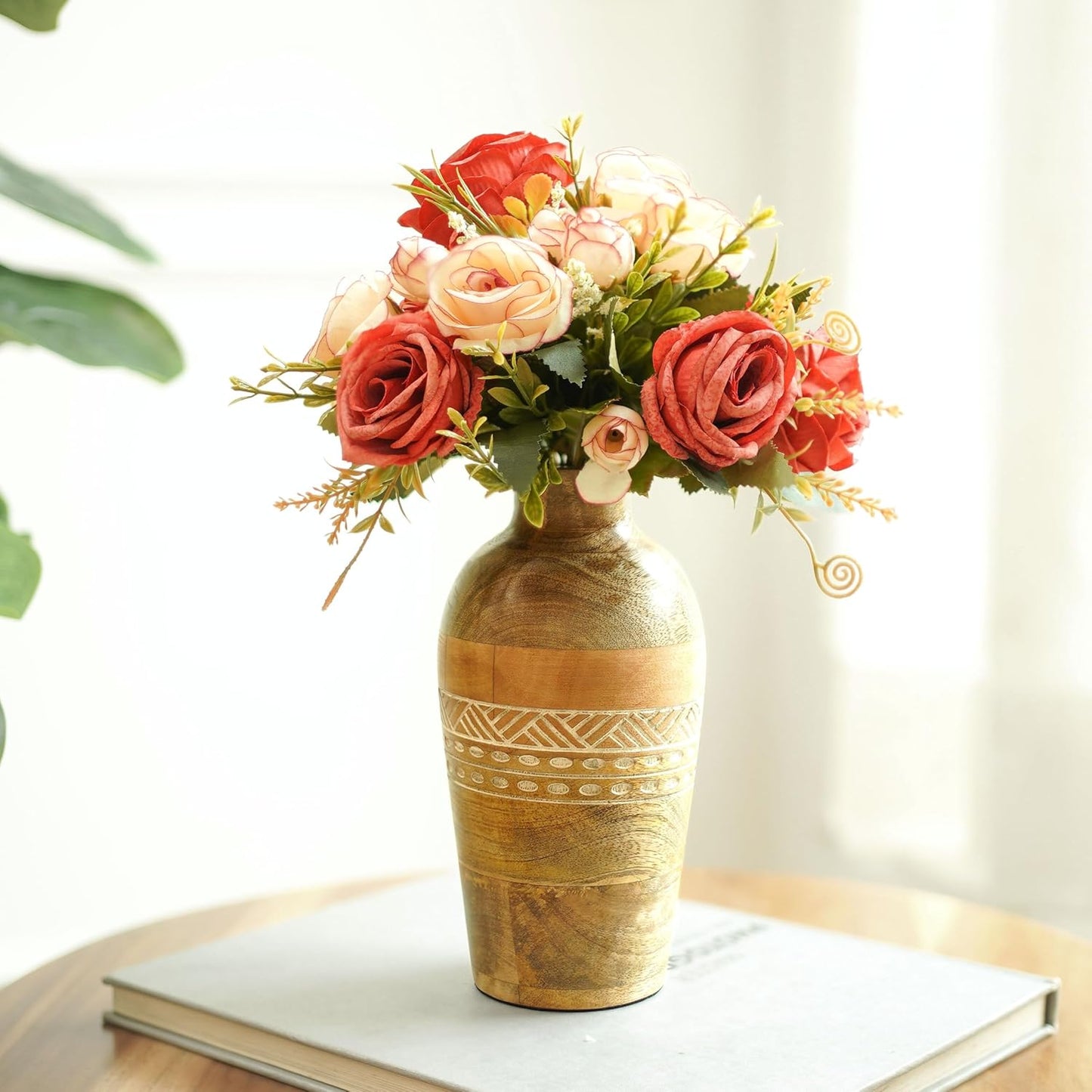 Mango Wood Flower Vases, Bud with Etching, for Decor Home Living Room Kitchen Office, Diwali Decoration | Height - 7.8" inch (20 cm)