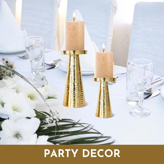 Hammered Large Metal Pillar Candle Holder with Gift Box | Table Centerpieces Candles Stand for Home Decor | Best Gift for Anniversary, Wedding Golden Set of 2 (Candles are not Included)
