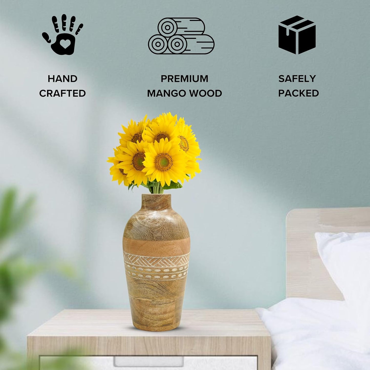 Mango Wood Flower Vases, Bud with Etching, for Decor Home Living Room Kitchen Office, Diwali Decoration | Height - 7.8" inch (20 cm)