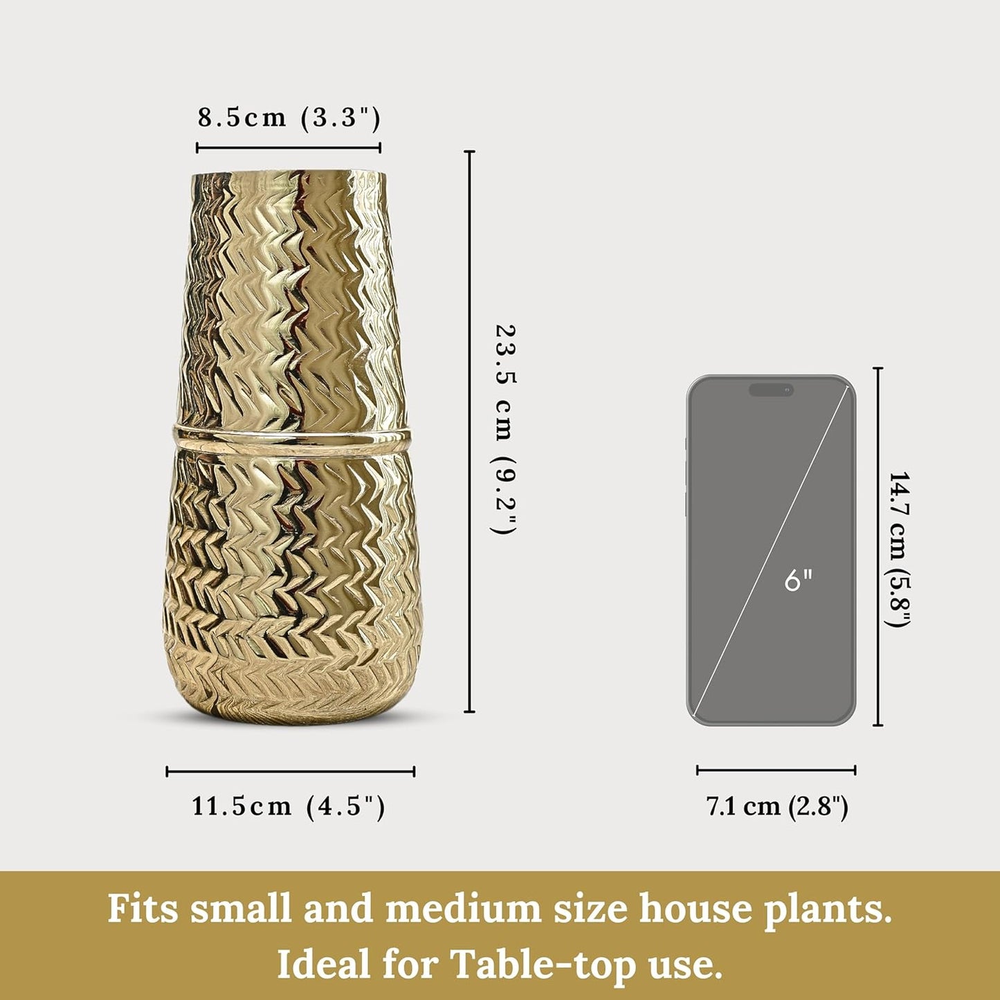 Arrow Engrave Metal Cylindrical Vase for Home Décor | Table Flower Pot for Valentine’s Day, Couple Gift for Wedding Anniversary, Birthday Decoration | 9.2" Golden, 1Pc (Flower not Included)