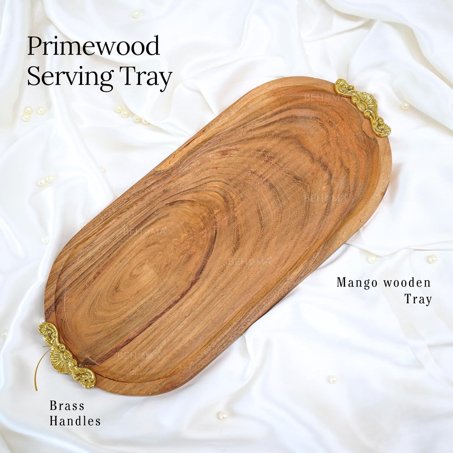 Behoma Mango Wood Oval Serving Platter with Golden Brass Motif | Elegant Wooden Tray for Home Décor | Durga Puja Navratri Festive Serveware for Sweets, Cookies & Dry Fruits | Size-32 cm (12.6 inch)