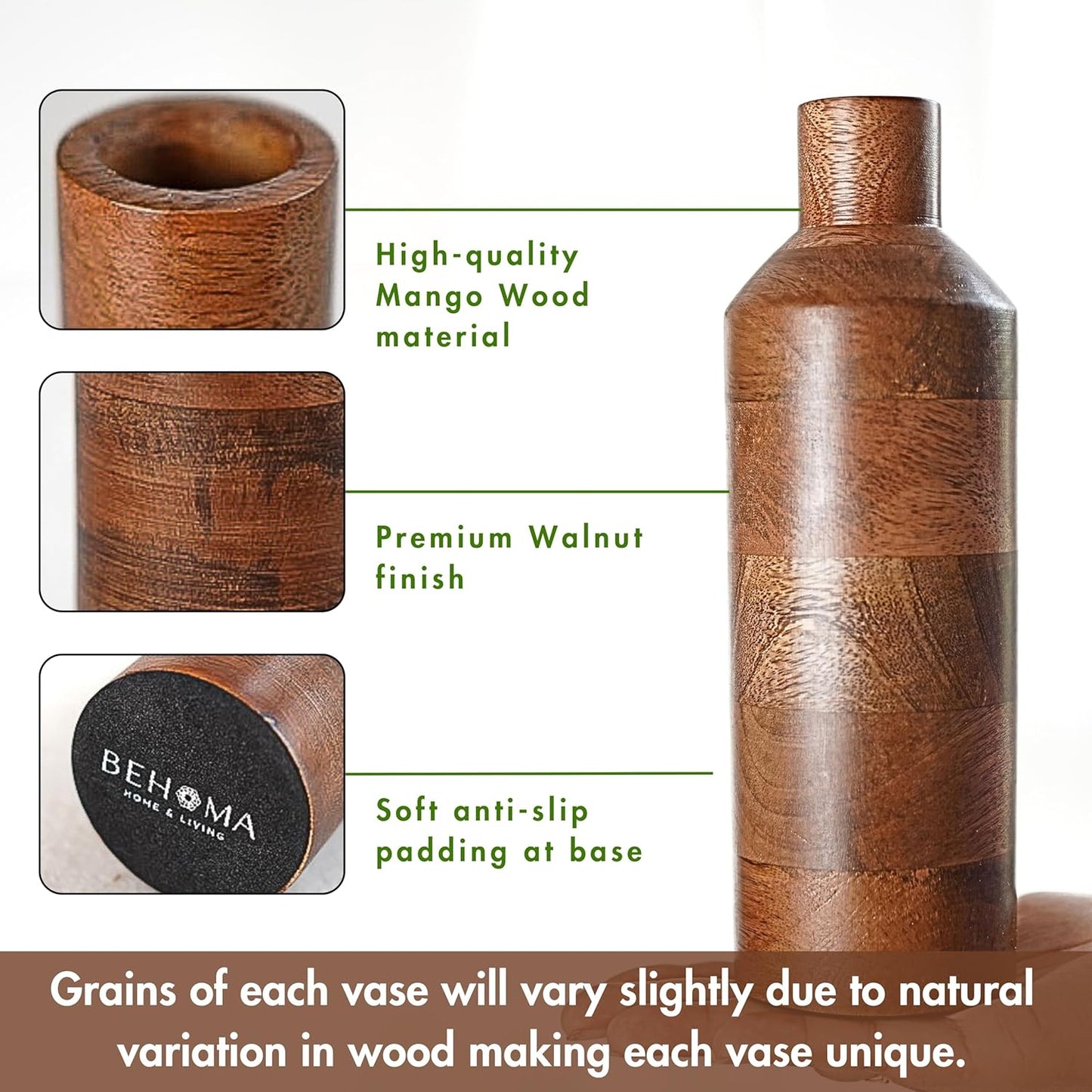 Wooden Flower Vase Set of 2, Bottle Shape Mango Wood Vases for Flowers for Decor Home Living Room Kitchen Office, Walnut Brown Finish | Height - 9 inch (23 cm) & 5.9 inch (15 cm)