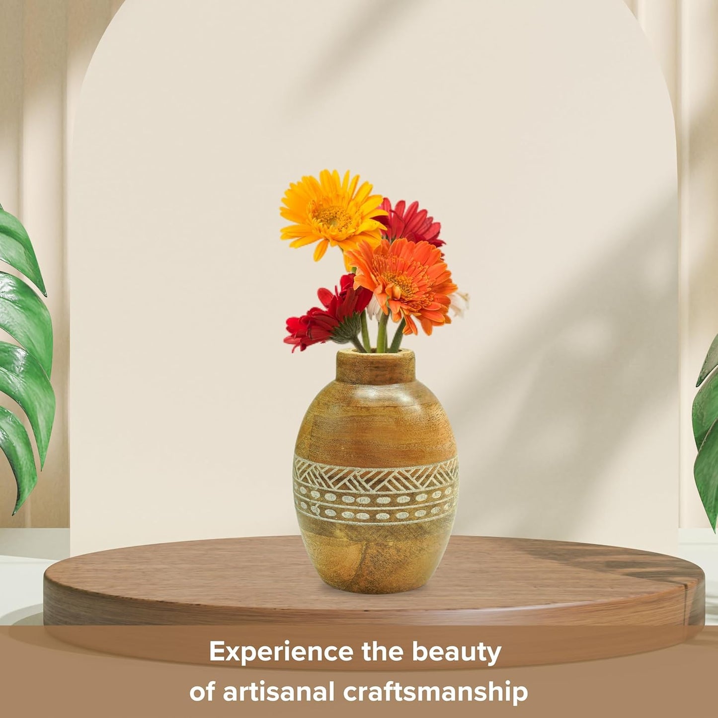 Flower Vase, Mango Wood Flower Vases, Bulb with Etching, for Decor Home Living Room Kitchen Office, Diwali Decoration | Height - 5.9" inch (15 cm)
