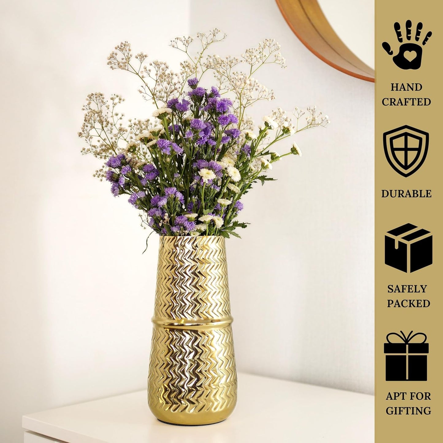 Arrow Engrave Metal Cylindrical Vase for Home Décor | Table Flower Pot for Valentine’s Day, Couple Gift for Wedding Anniversary, Birthday Decoration | 9.2" Golden, 1Pc (Flower not Included)