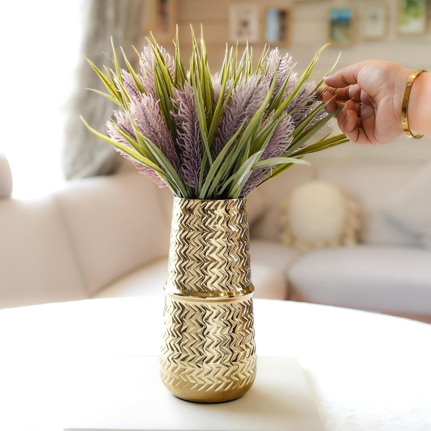 Arrow Engrave Metal Cylindrical Vase for Home Décor | Table Flower Pot for Valentine’s Day, Couple Gift for Wedding Anniversary, Birthday Decoration | 9.2" Golden, 1Pc (Flower not Included)