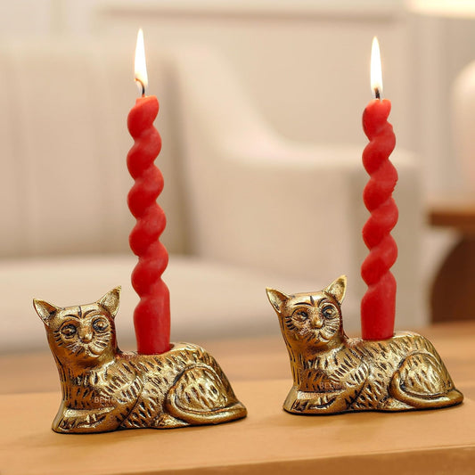 Aluminium Cat Candle Holder Statue Set of 2 | Antique Gold Decorative Figurine for Home Decor, Table, Living Room | Best Gift Item for Anniversary, Wedding, House Warming, Return Gift