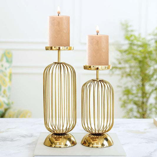 Metal Candle Holder Stand with Gold Finish | Decorative Pillar Candle Stand for Home, Living Room, Table Centerpiece, Modern Vintage Decor (Small & Large/Candles are not Included)