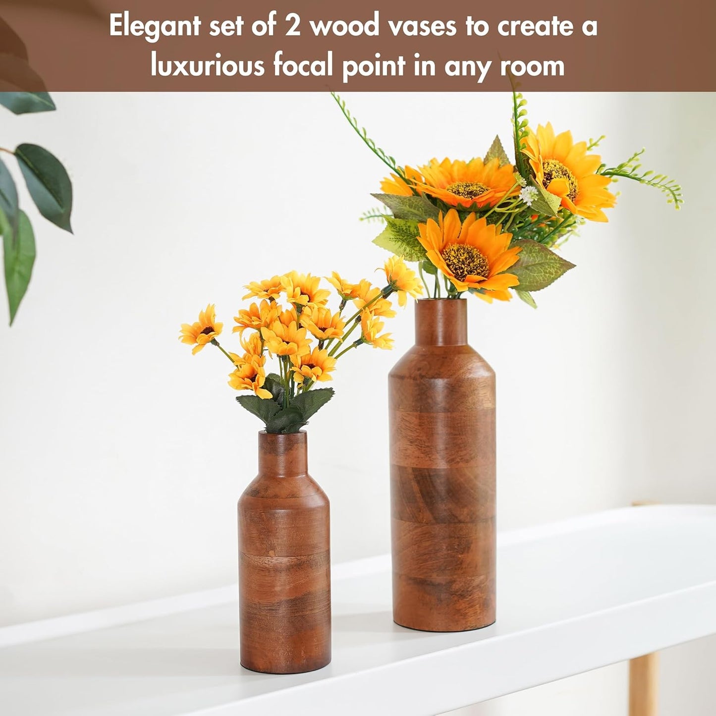 Wooden Flower Vase Set of 2, Bottle Shape Mango Wood Vases for Flowers for Decor Home Living Room Kitchen Office, Walnut Brown Finish | Height - 9 inch (23 cm) & 5.9 inch (15 cm)