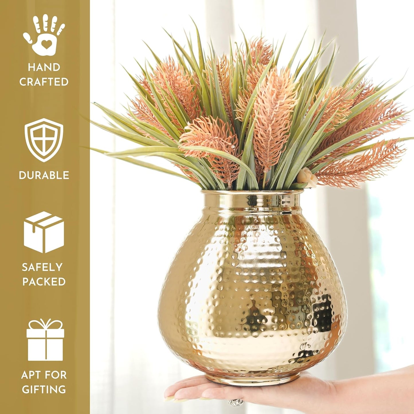Matki Shape Metal Vase for Home Decor, Hammered Flower Pot for Office Table Decorations, Modern vases, Gift for Diwali Ganpati Onaml