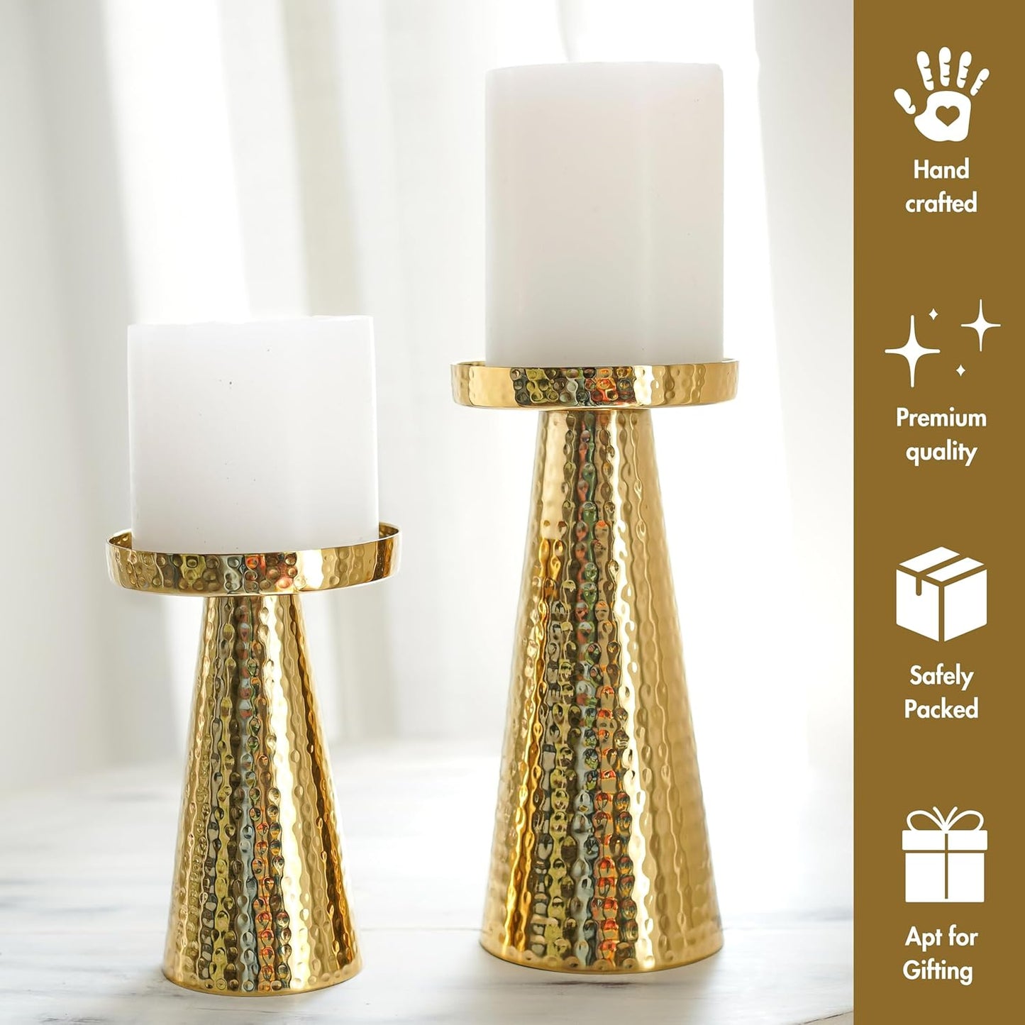 Hammered Large Metal Pillar Candle Holder with Gift Box | Table Centerpieces Candles Stand for Home Decor | Best Gift for Anniversary, Wedding Golden Set of 2 (Candles are not Included)
