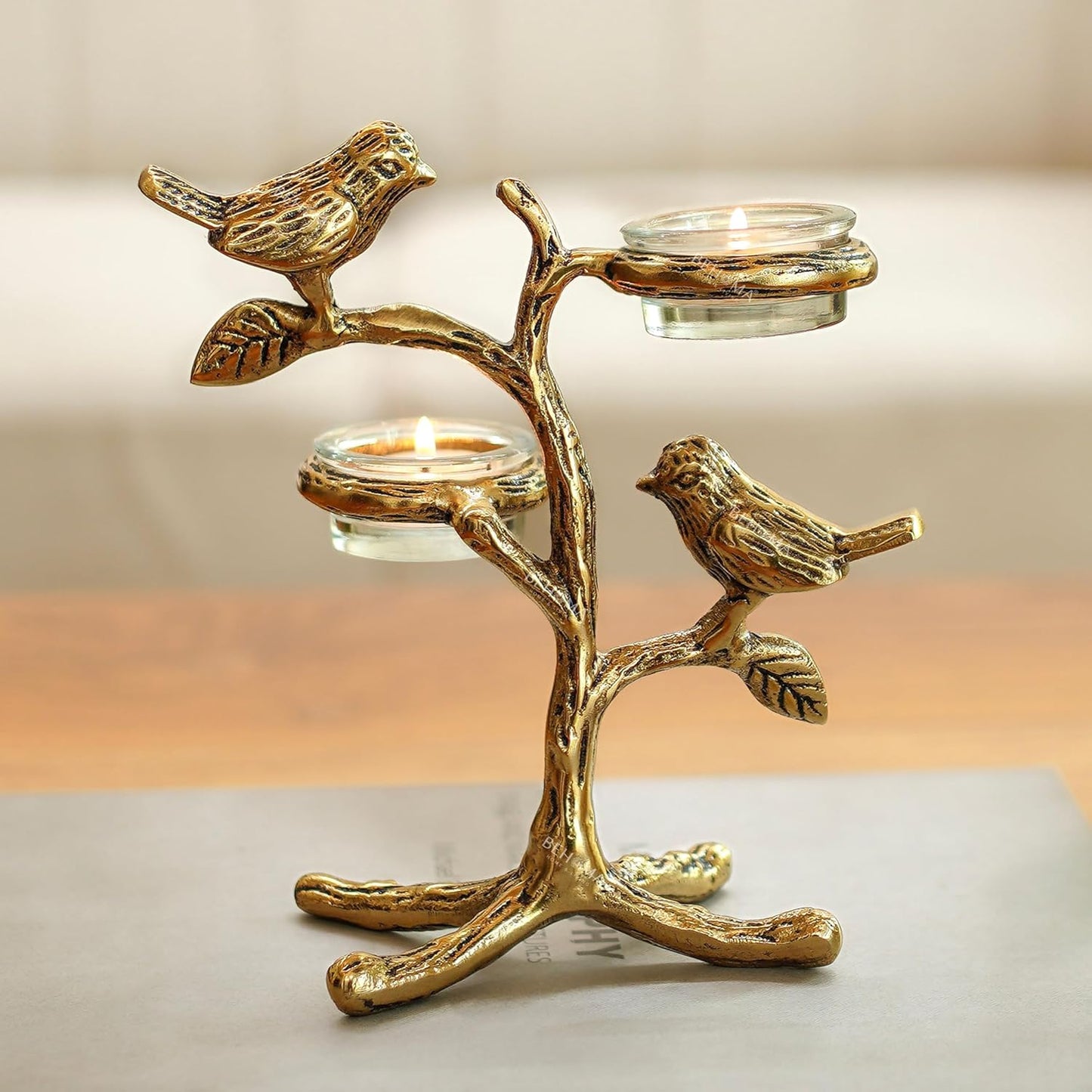 Metal Romantic Love Birds Tree Candle Holder | Blessing Birds Tea Light Centerpiece for Home Decor & Living Room | Couple Gift for Valentine’s Day, Wedding, Anniversary & Housewarming – Gold
