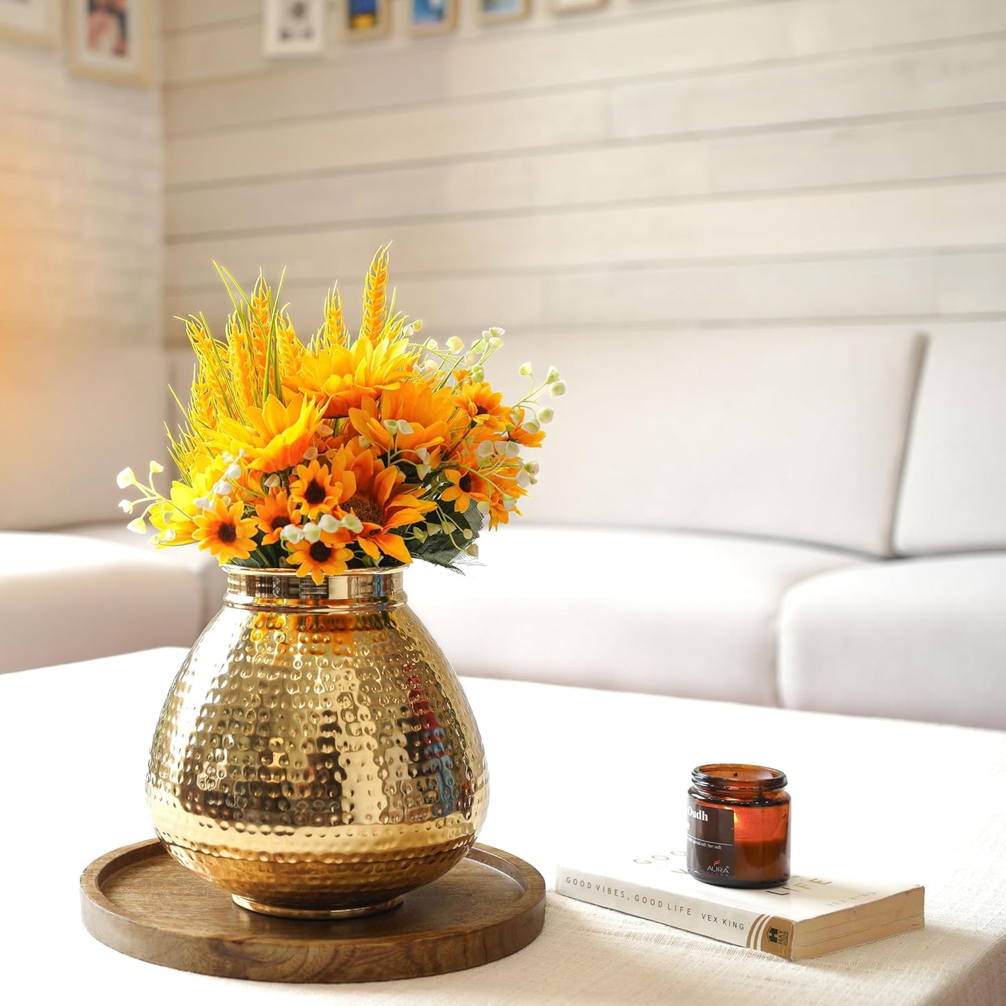 Matki Shape Metal Vase for Home Decor, Hammered Flower Pot for Office Table Decorations, Modern vases, Gift for Diwali Ganpati Onaml