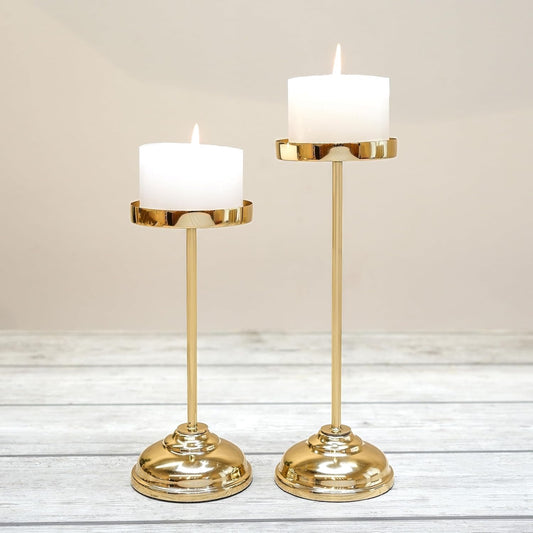 Handcrafted Large Metal Pillar Candle Holders | Table Centerpieces Coffee Tables or Fireplace Mantels | Solid Candles Stand for Christmas, Home Decor, Gift, Valentine's Day | Gold, Set of 2