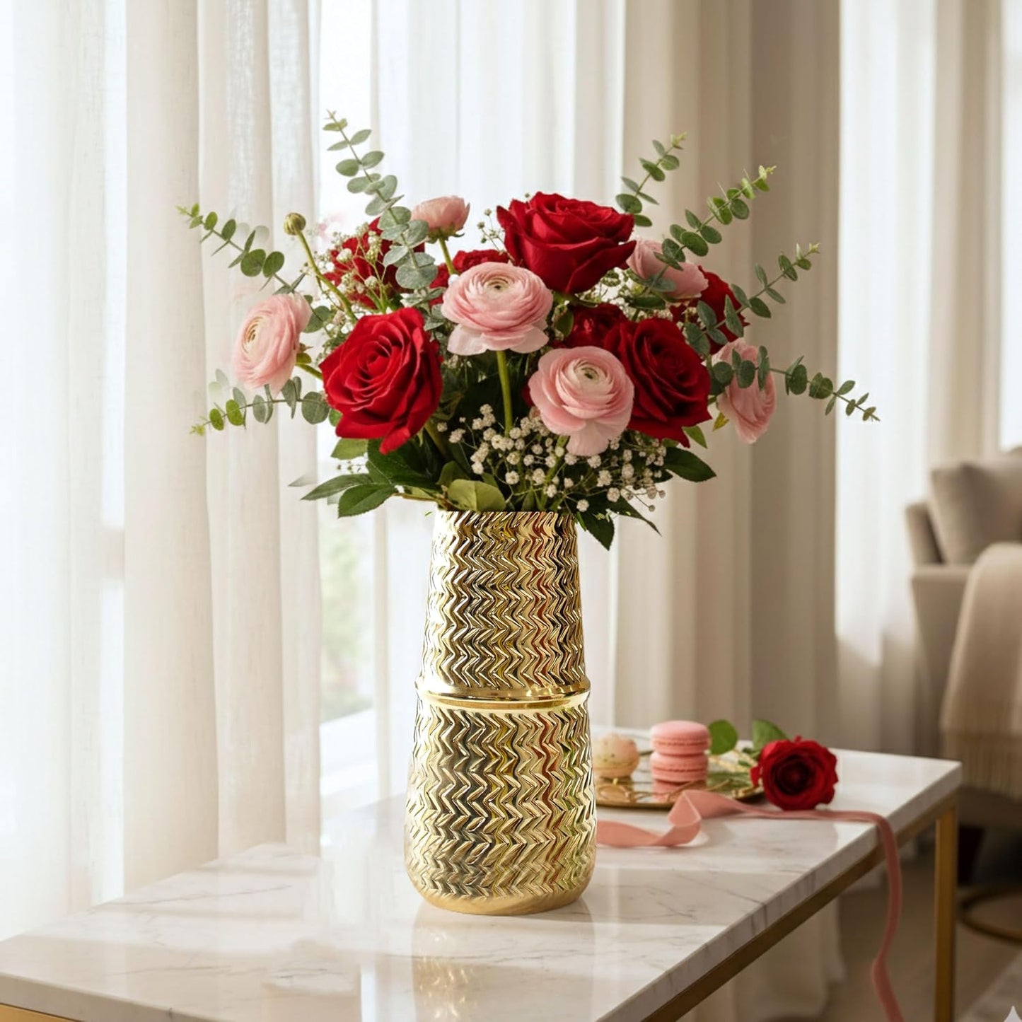 Arrow Engrave Metal Cylindrical Vase for Home Décor | Table Flower Pot for Valentine’s Day, Couple Gift for Wedding Anniversary, Birthday Decoration | 9.2" Golden, 1Pc (Flower not Included)