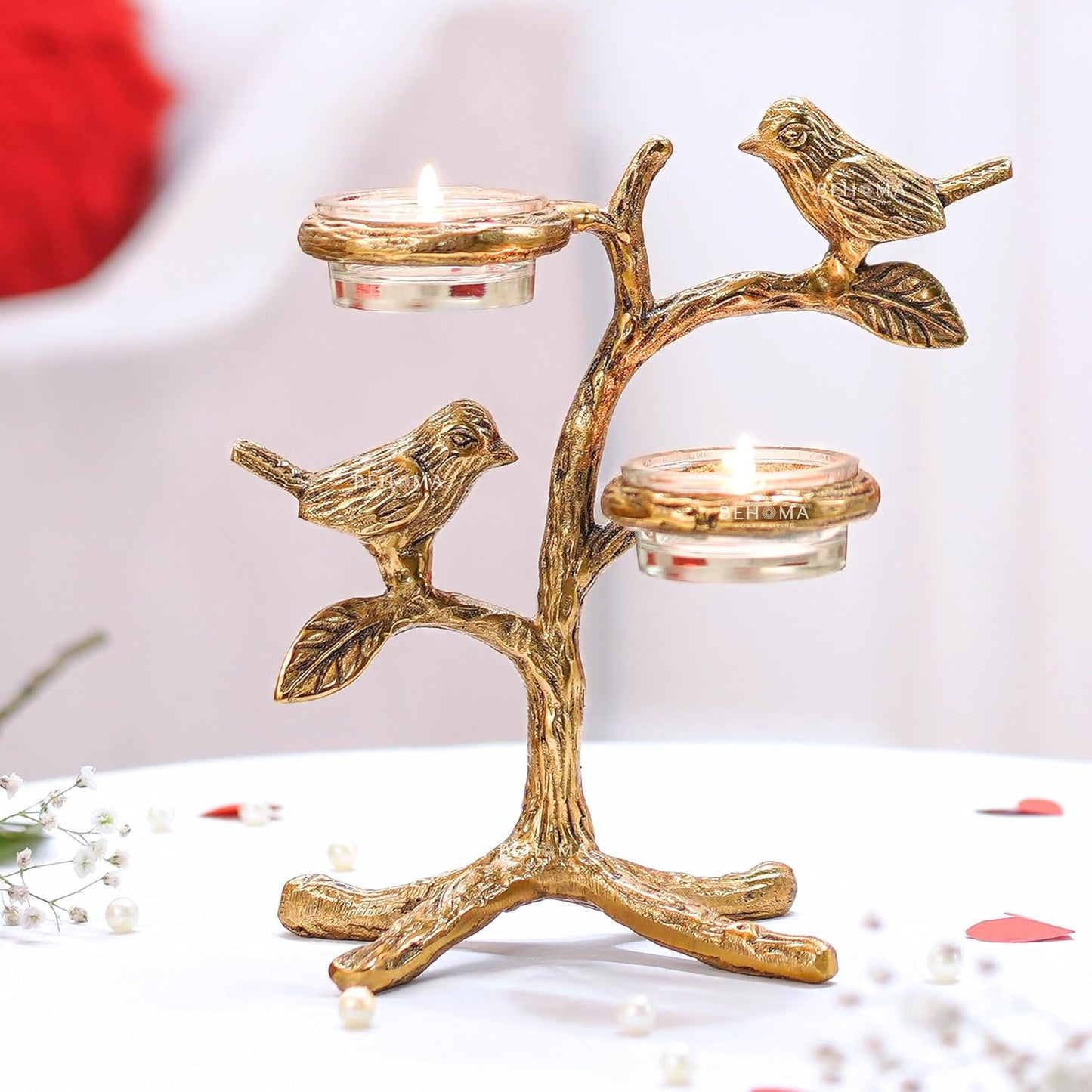 Metal Romantic Love Birds Tree Candle Holder | Blessing Birds Tea Light Centerpiece for Home Decor & Living Room | Couple Gift for Valentine’s Day, Wedding, Anniversary & Housewarming – Gold