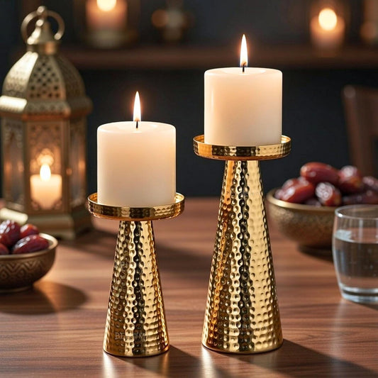 Hammered Large Metal Pillar Candle Holder with Gift Box | Table Centerpieces Candles Stand for Home Decor | Best Gift for Anniversary, Wedding Golden Set of 2 (Candles are not Included)