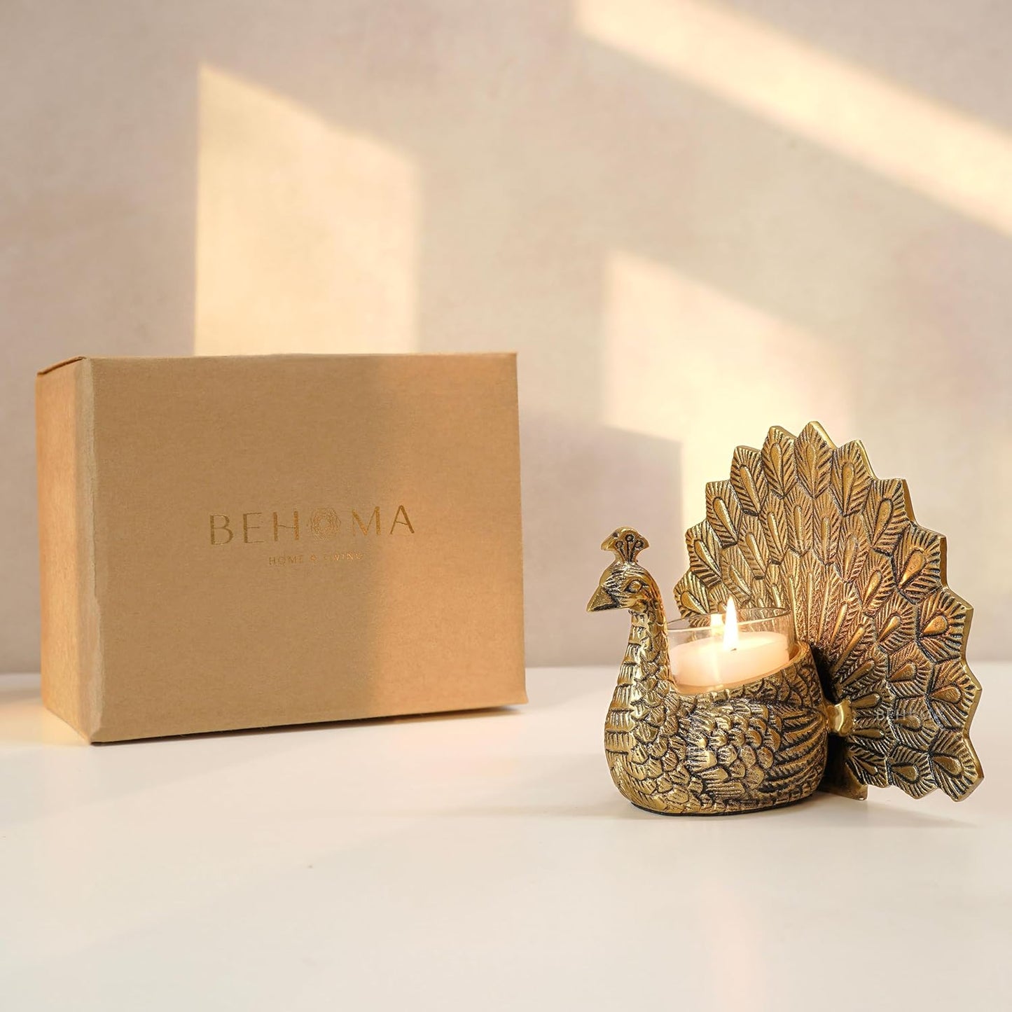 Metal Gold Dancing Peacock for Home Décor | Valentine’s Day, Birthday, Wedding Anniversary Romantic Gift for Women | Good Luck & Love Showpiece with Scented Glass Votive Candle (Golden,18.5cm)