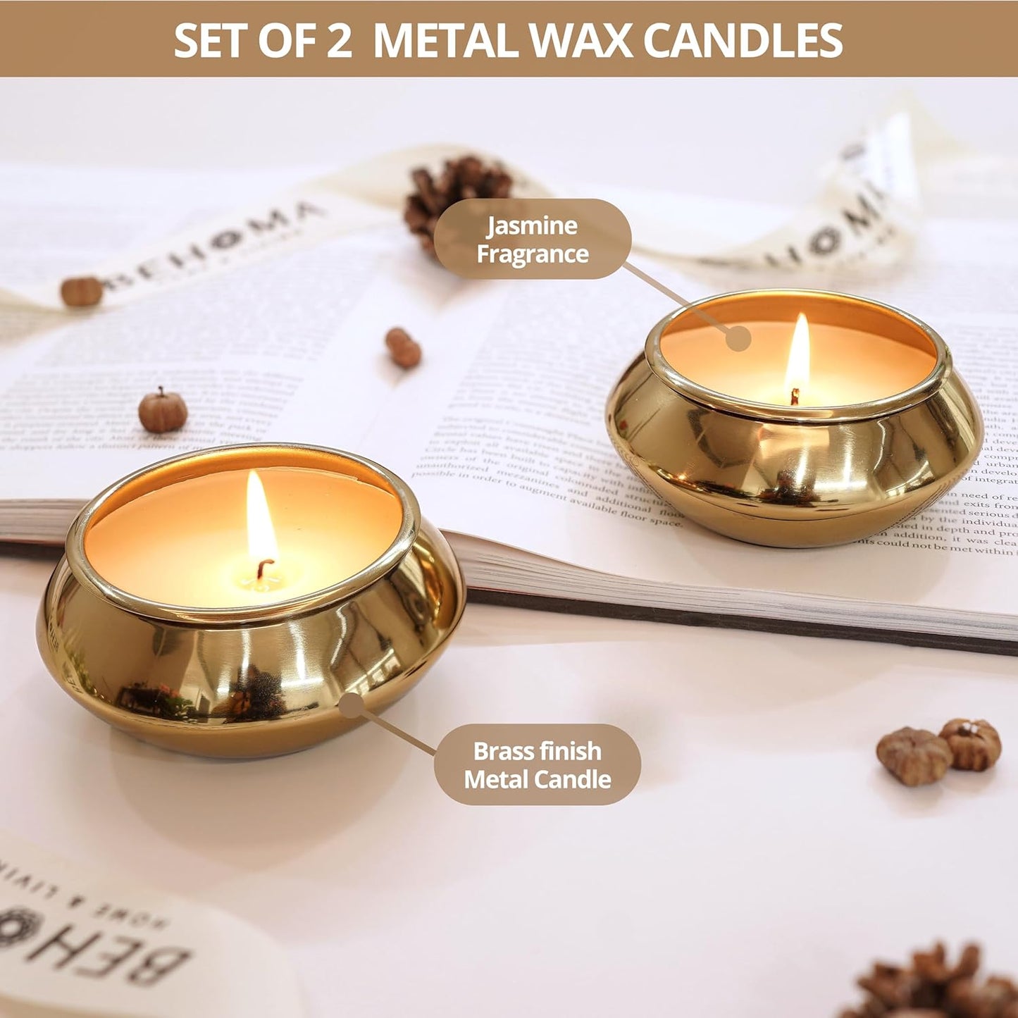 Pebble Pot Metal Scented Candle Set | Gold Decorative Romantic Jar Candles Bowls for Home Décor | Luxury Festive Gifting Living Room Table Décor | Christmas Valentine Gifts (Set of 2)