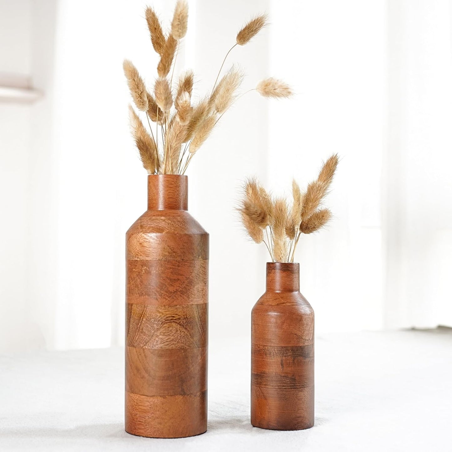 Wooden Flower Vase Set of 2, Bottle Shape Mango Wood Vases for Flowers for Decor Home Living Room Kitchen Office, Walnut Brown Finish | Height - 9 inch (23 cm) & 5.9 inch (15 cm)