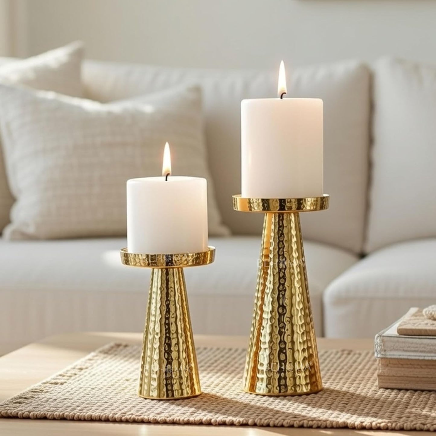 Hammered Large Metal Pillar Candle Holder with Gift Box | Table Centerpieces Candles Stand for Home Decor | Best Gift for Anniversary, Wedding Golden Set of 2 (Candles are not Included)