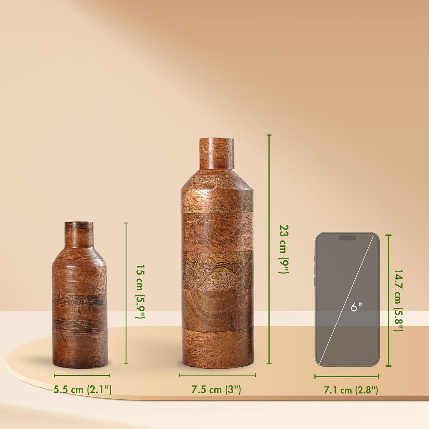 Wooden Flower Vase Set of 2, Bottle Shape Mango Wood Vases for Flowers for Decor Home Living Room Kitchen Office, Walnut Brown Finish | Height - 9 inch (23 cm) & 5.9 inch (15 cm)