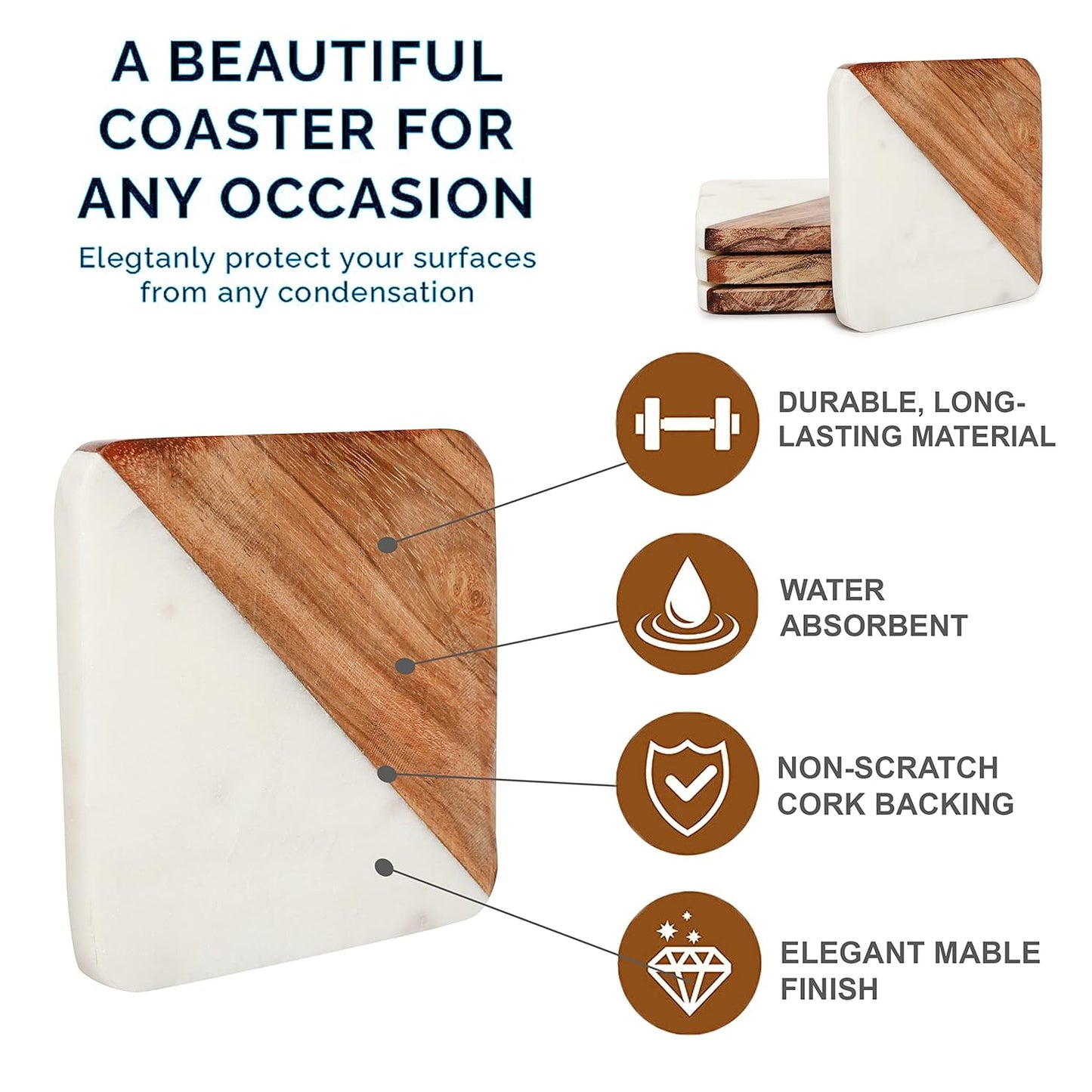 White Marble and Wooden Coasters Set of 4 for Tea Coasters