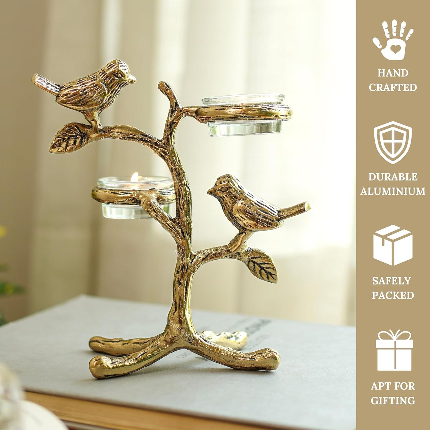 Metal Romantic Love Birds Tree Candle Holder | Blessing Birds Tea Light Centerpiece for Home Decor & Living Room | Couple Gift for Valentine’s Day, Wedding, Anniversary & Housewarming – Gold