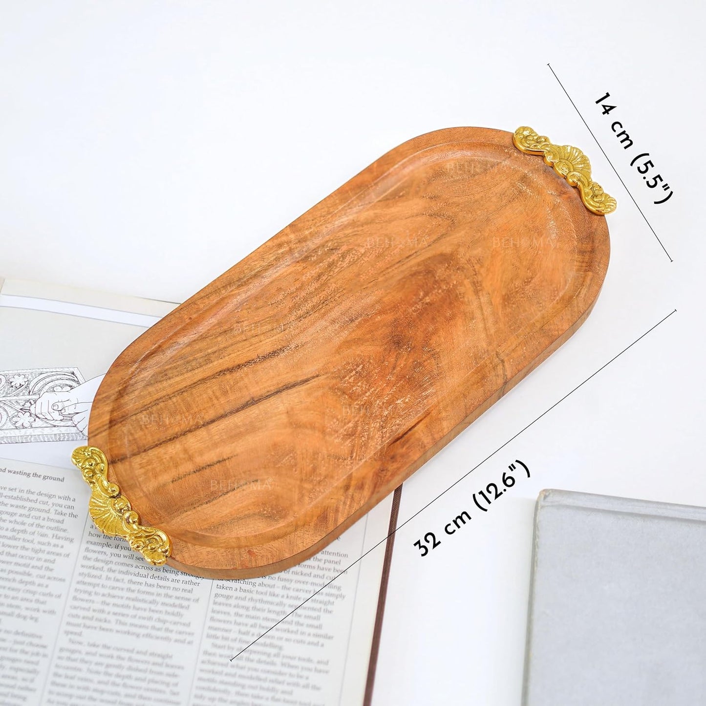 Behoma Mango Wood Oval Serving Platter with Golden Brass Motif | Elegant Wooden Tray for Home Décor | Durga Puja Navratri Festive Serveware for Sweets, Cookies & Dry Fruits | Size-32 cm (12.6 inch)
