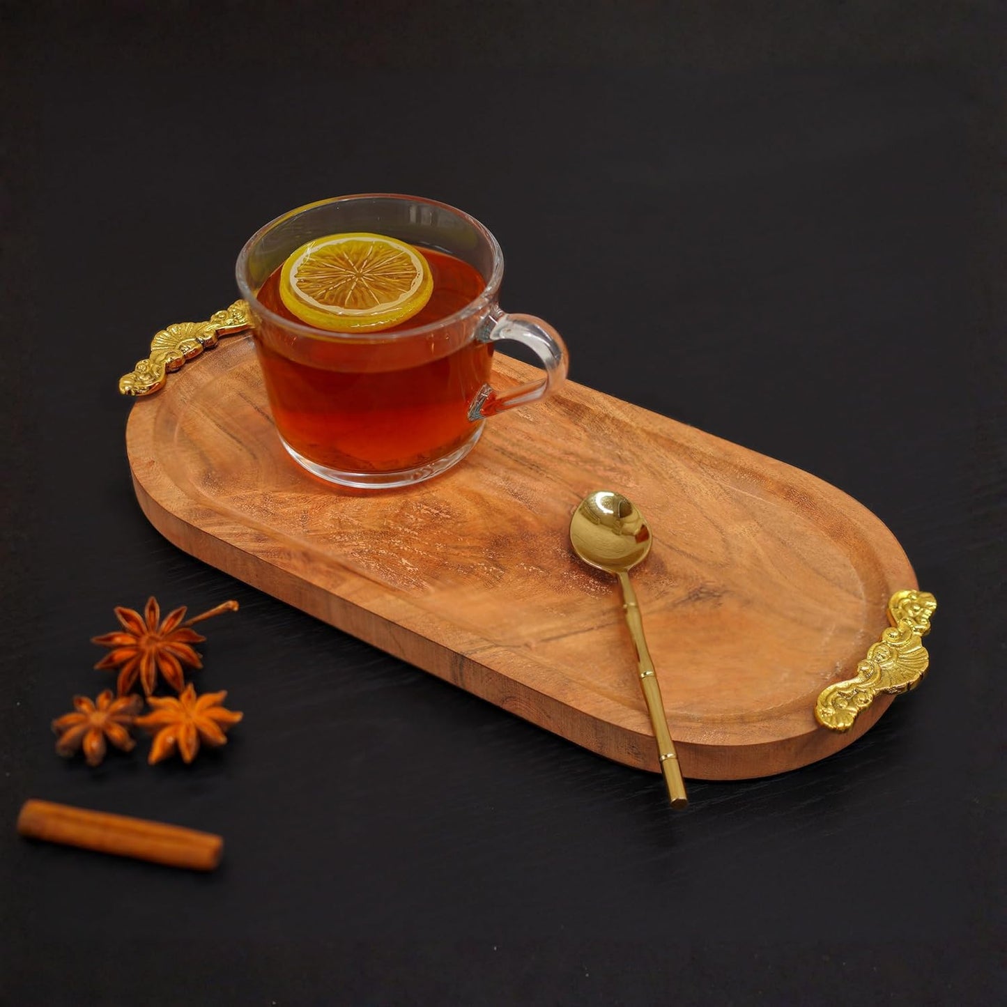 Behoma Mango Wood Oval Serving Platter with Golden Brass Motif | Elegant Wooden Tray for Home Décor | Durga Puja Navratri Festive Serveware for Sweets, Cookies & Dry Fruits | Size-32 cm (12.6 inch)