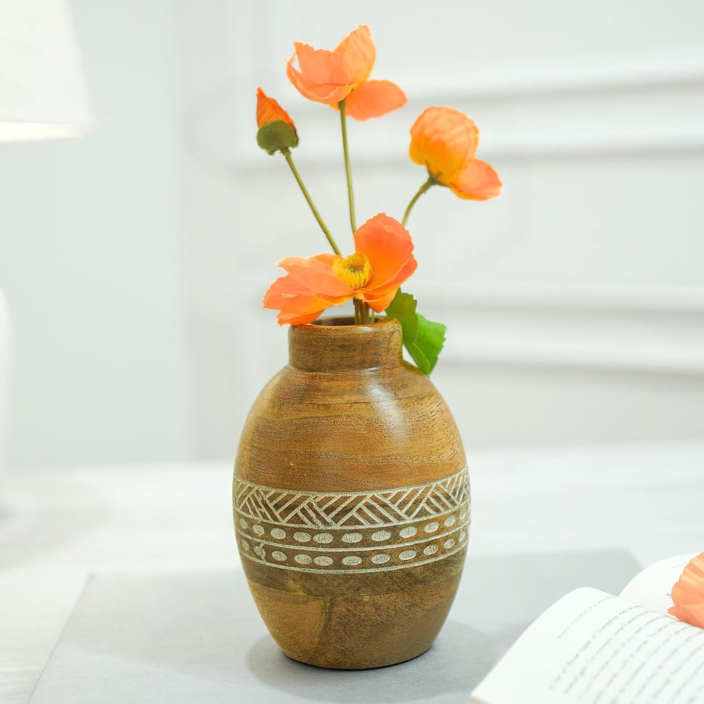 Flower Vase, Mango Wood Flower Vases, Bulb with Etching, for Decor Home Living Room Kitchen Office, Diwali Decoration | Height - 5.9" inch (15 cm)